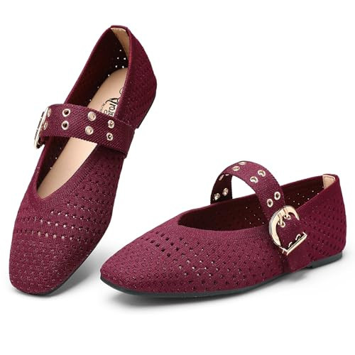 Trary Burgundy Flats for Women Knit Square Toe Ballet Flats with Buckle Straps Mary Jane Shoes Women Comfortable Casual Dress Shoes, Size 7.5 | Amazon (US)