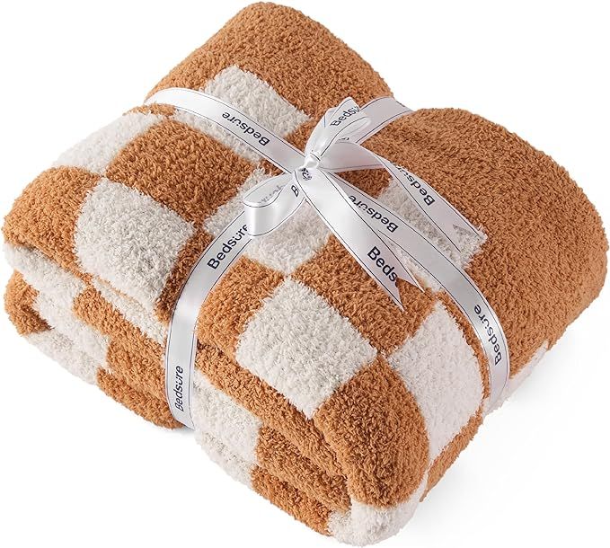 Bedsure Super Soft Knit Throw Blanket - Warm Cozy Reversible Checkerboard Camel Blanket, Fluffy F... | Amazon (US)