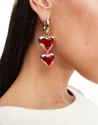 ASOS DESIGN drop earrings with red heart detail in gold tone | ASOS (Global)