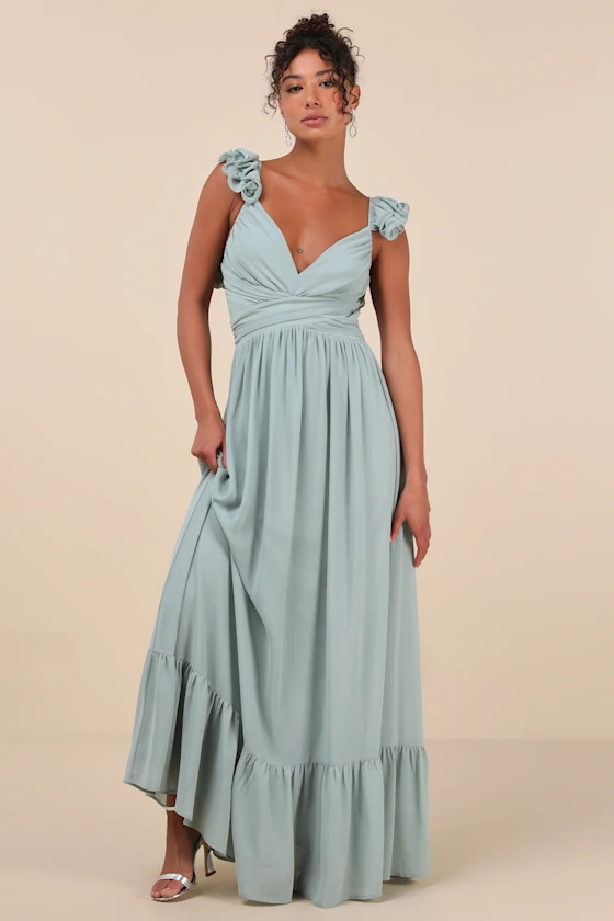 Soiree Celebration Light Blue Floral Ruffled Lace-Up Maxi Dress | Lulus