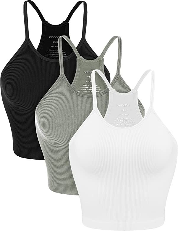 ODODOS Women's Crop Camisole 3-Pack Washed Seamless Rib-Knit Crop Tank Tops, Long Crop, White Gra... | Amazon (US)