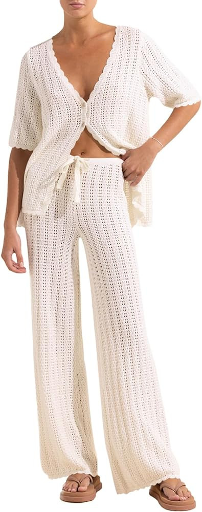 Imily Bela Women's Summer 2 Piece Swimsuit Cover up Crochet Knit Cardigan Tops Long Pants Set Bat... | Amazon (US)