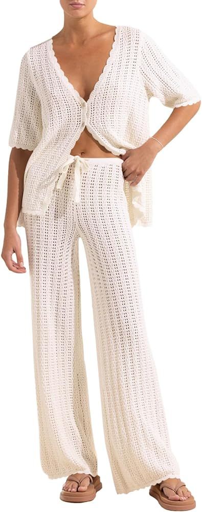 Imily Bela Women's Summer 2 Piece Swimsuit Cover up Crochet Knit Cardigan Tops Long Pants Set Bat... | Amazon (US)