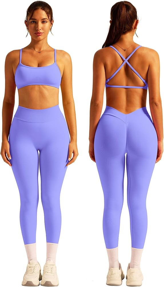 ABOCIW 2 Piece Workout Sets for Women Seamless Strappy Sports Bra V Scrunch Butt Lifting High Wai... | Amazon (US)