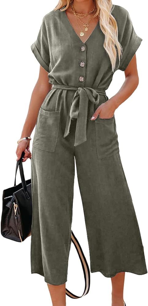 Acelitt Womens Short Sleeve V Neck Button Belted Wide Leg Jumpsuits with Pockets, S-XXL | Amazon (US)