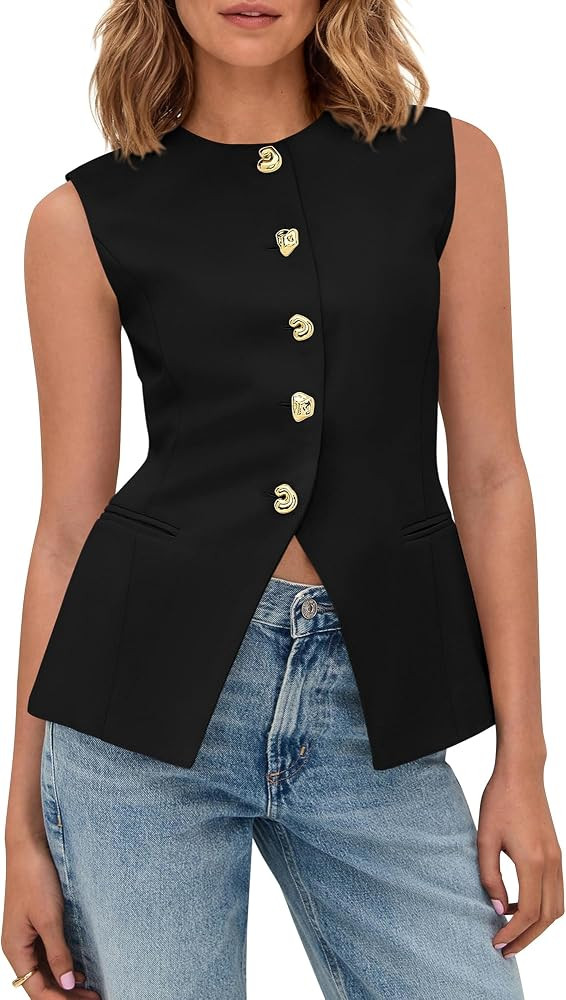 BTFBM Blazers for Women Vest Tops Business Casual Outfits Button Down Sleeveless Pockets Office W... | Amazon (US)