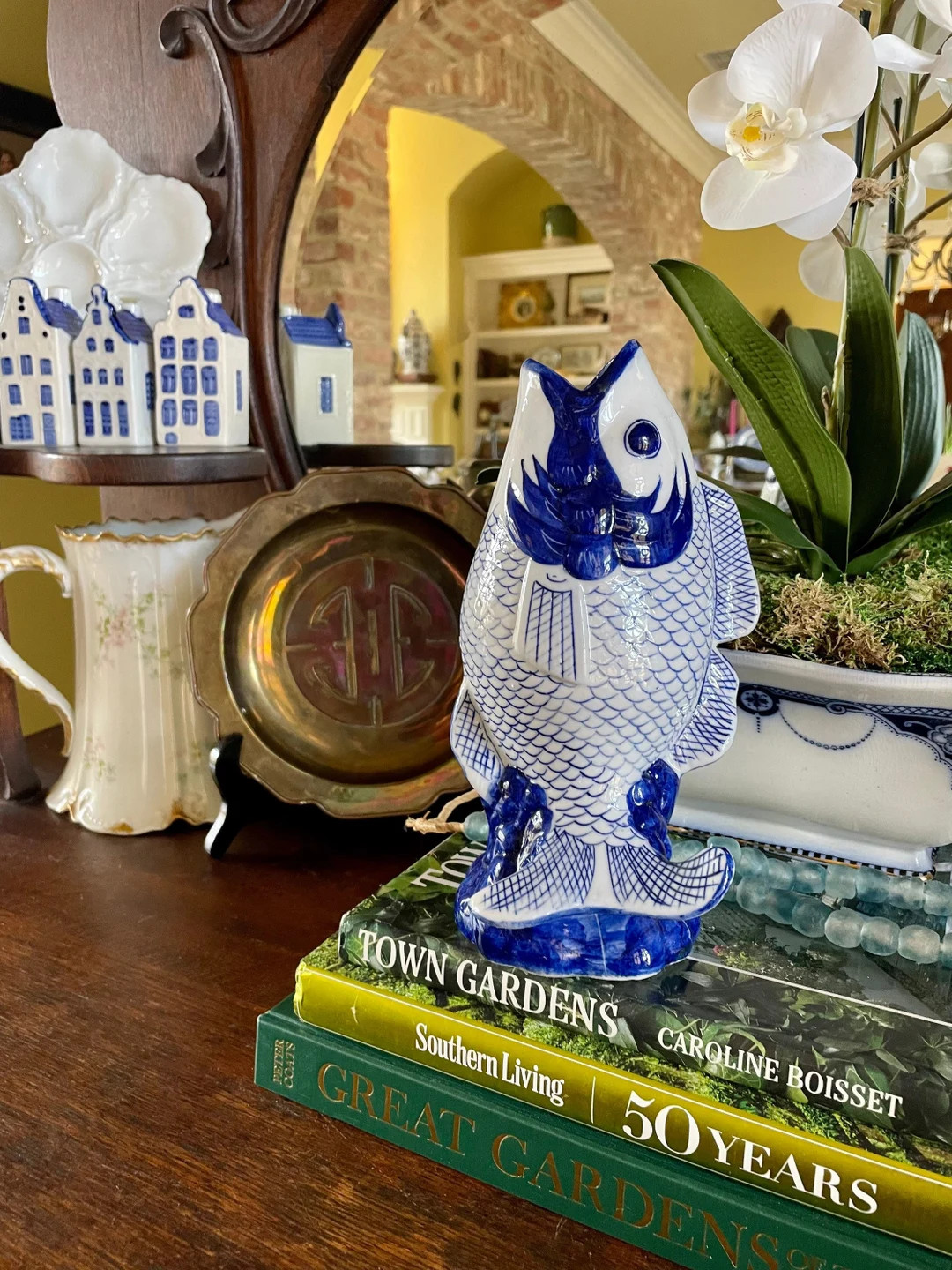 Vintage Blue and White Chinoiserie Koi Fish Vase - Etsy | Etsy (US)