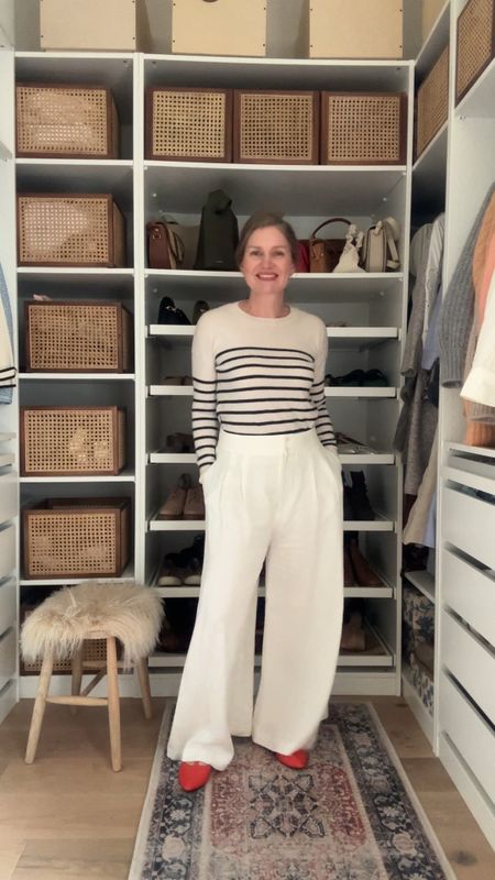 Smart casual outfit, knitwear, striped jumper, wide leg trainers, neutral outfit, Sezane sunglasses, red ballet pumps, day time outfit, office outfit 

#LTKuk #LTKspring #LTKstyletip