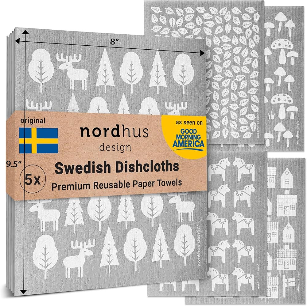 Large Swedish Dishcloths, 5 Grey Cloths, Made in Sweden - 9.5 x 8 inch Reusable, Washable Cellulo... | Amazon (US)