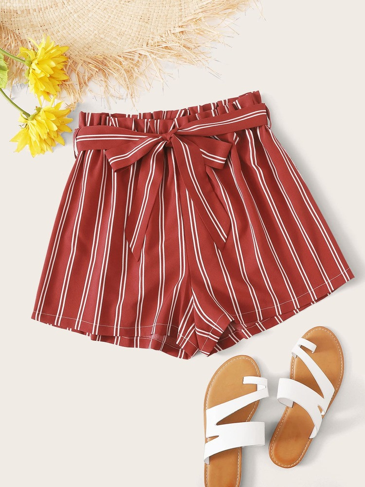 Striped Paperbag Waist Belted Shorts | SHEIN