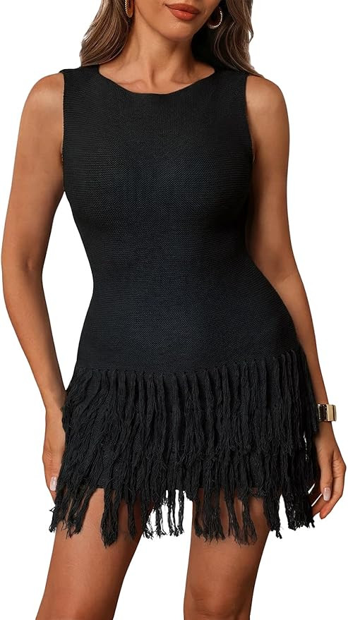 Women's Fringe Sleeveless Mini Dress Crew Neck Bodycon Knit Party Club Dresses | Amazon (US)