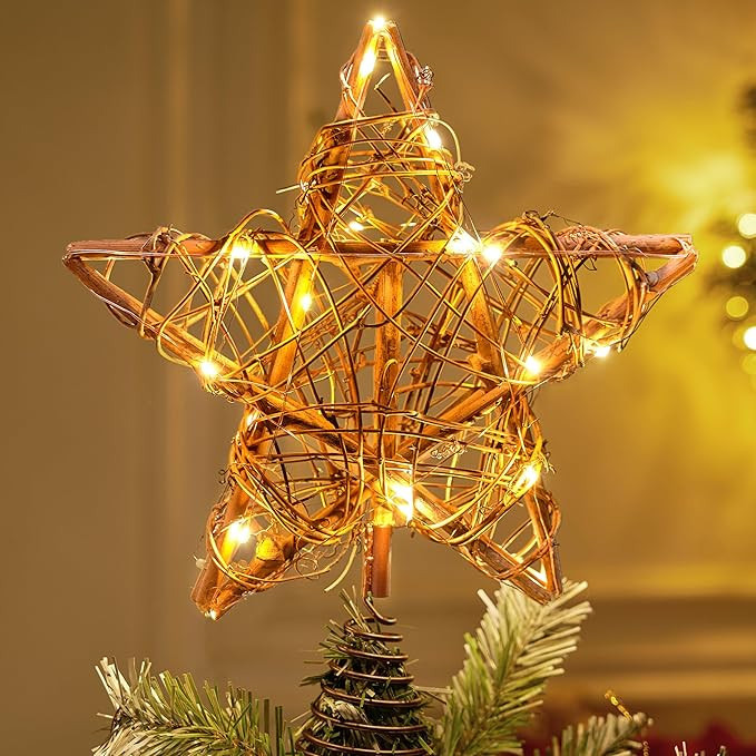 Joiedomi 10 Inch Christmas Tree Toppers, 50 LED Rustic Rattan Star Tree Topper Lighted with Light... | Amazon (US)