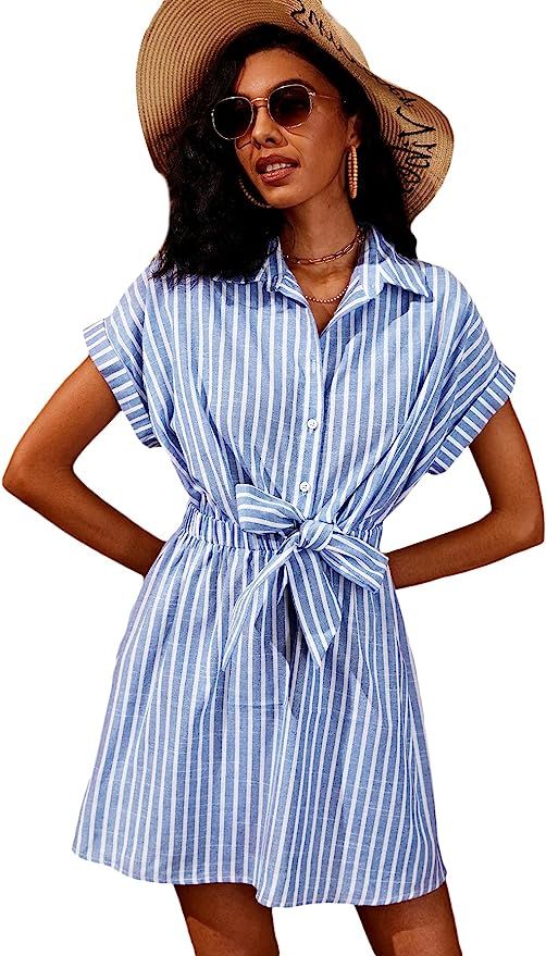 Romwe Women's Cute Striped Belted Button up Collar Summer Short Shirt Dress | Amazon (US)