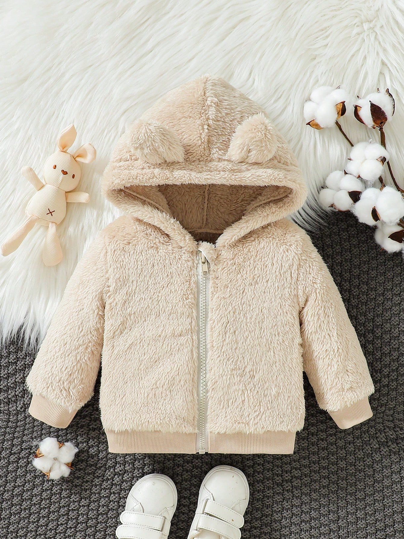 Baby Boy 3D Ear Design Hooded Zipper Teddy Jacket | SHEIN