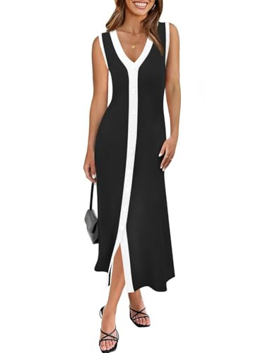 Saodimallsu Womens Summer Button Down Sweater Dresses Sleeveless V Neck Casual Ribbed Knit Color Block Long Tank Dress Black | Amazon (US)
