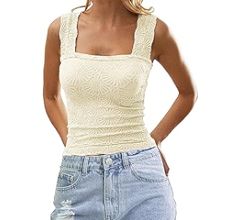 Women Square Neck Wide Strap Floral Crop Tank Top Sleeveless Lettuce Trim Solid Slim Cropped Cami... | Amazon (US)