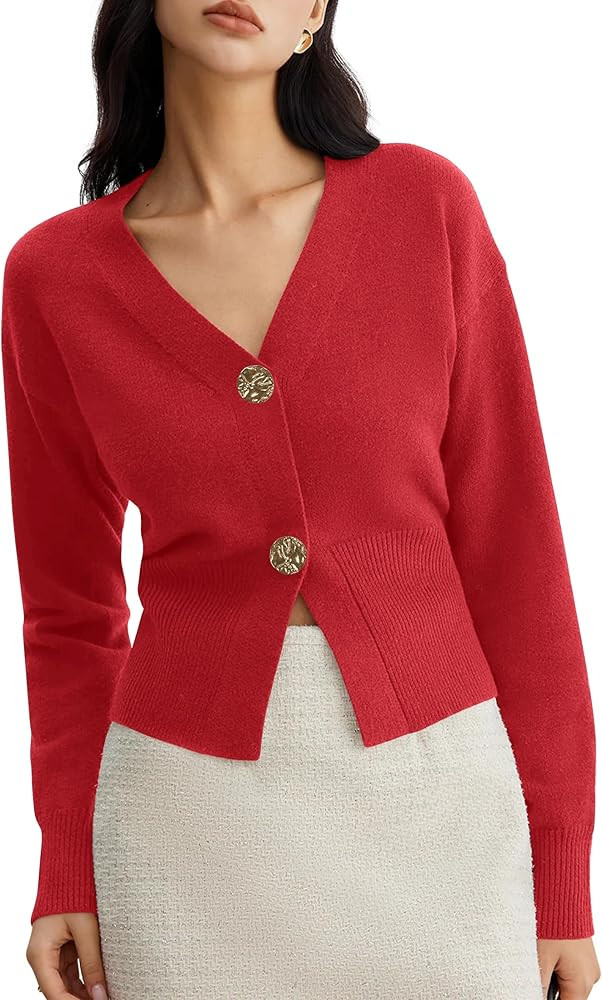Women V Neck Cropped Cardigan Sweaters Fitted Long Sleeve Fall Button Up Chunky Knit Cardigans Sh... | Amazon (US)