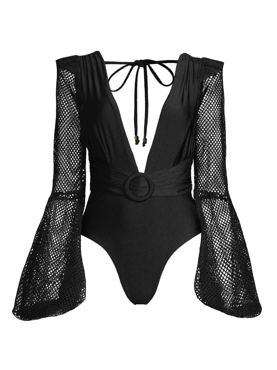 Plunge Fishnet-Sleeve One-Piece Swimsuit | Saks Fifth Avenue
