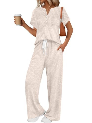 LILLUSORY Women 2 Two Piece Matching Lounge Sets 2026 Spring Summer Beach Vacation Clothes Pajamas Top Wide Leg Pants Sweat Suits Airport Travel Outfits Casual Sweatsuit Fashion Loungewear | Amazon (US)