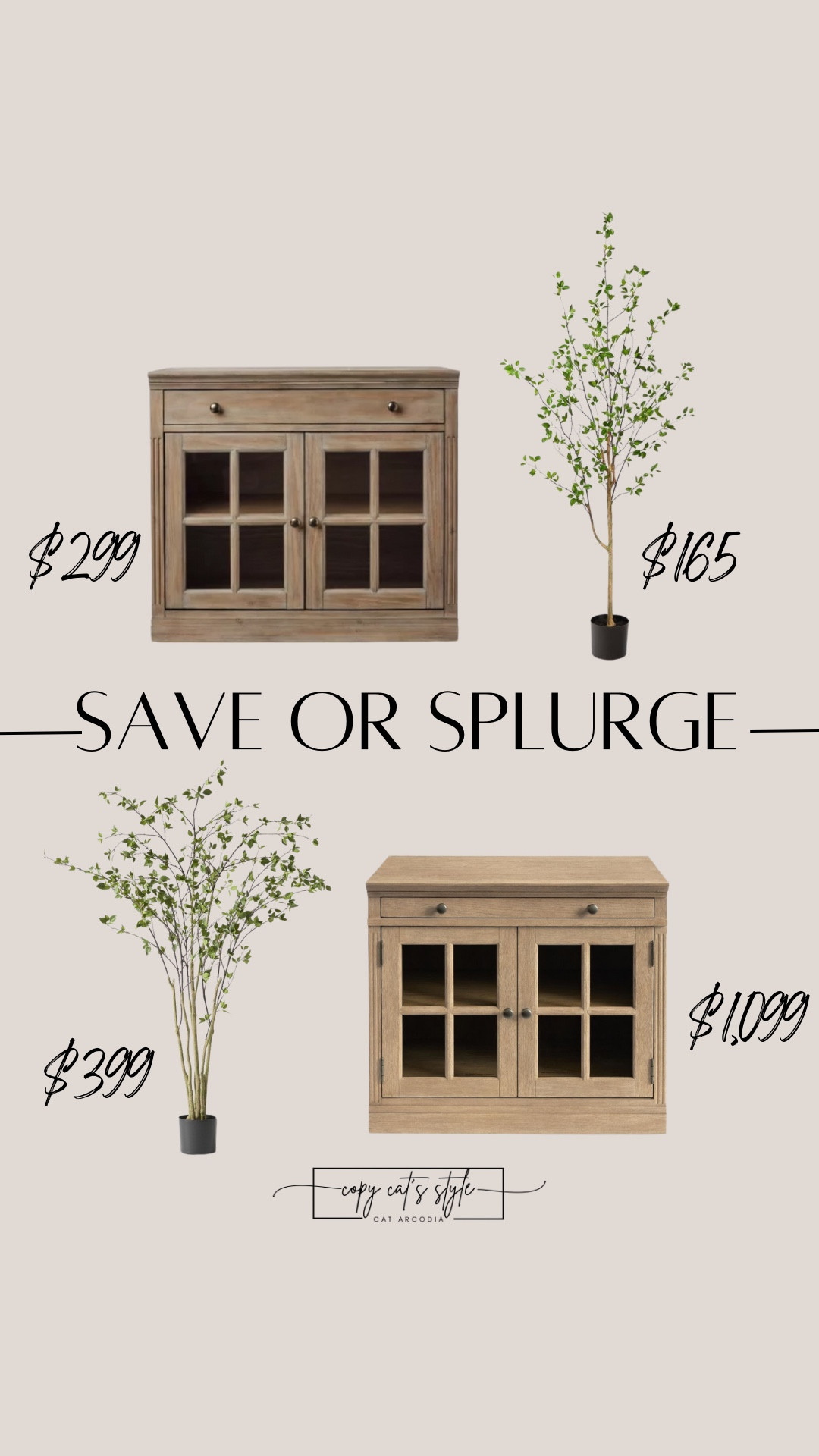 Save or splurge on cabinets and artificial trees. Looks for less pottery barn furniture and home finds. 

#LTKSaleAlert #LTKHome
