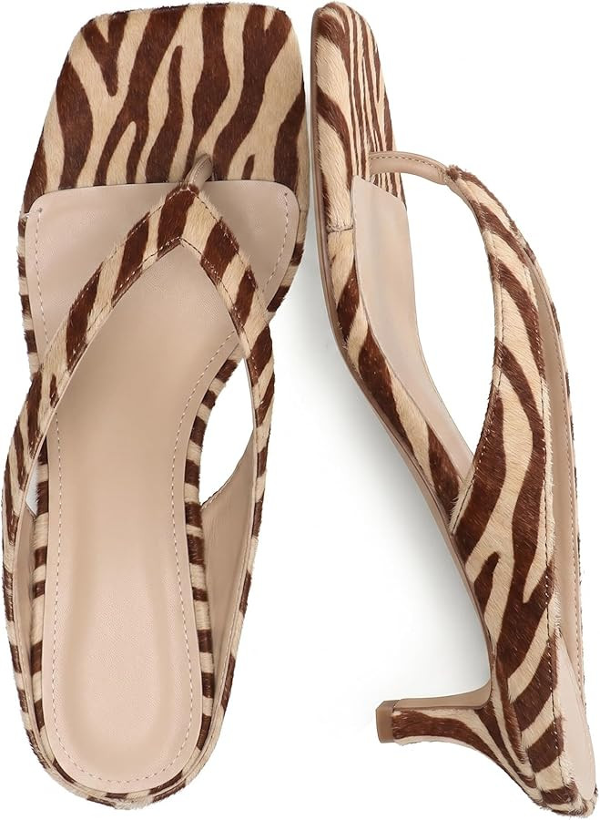 Amazon.com | Riekhany Riekany Kitten Heeled Sandals for Women Slip On Square Clip Toe Flip Flips Low Heel Pumps Comfortable Thong Slide Shoes Dressy Slippers Brown Zebra | Heeled Sandals | Amazon (US)