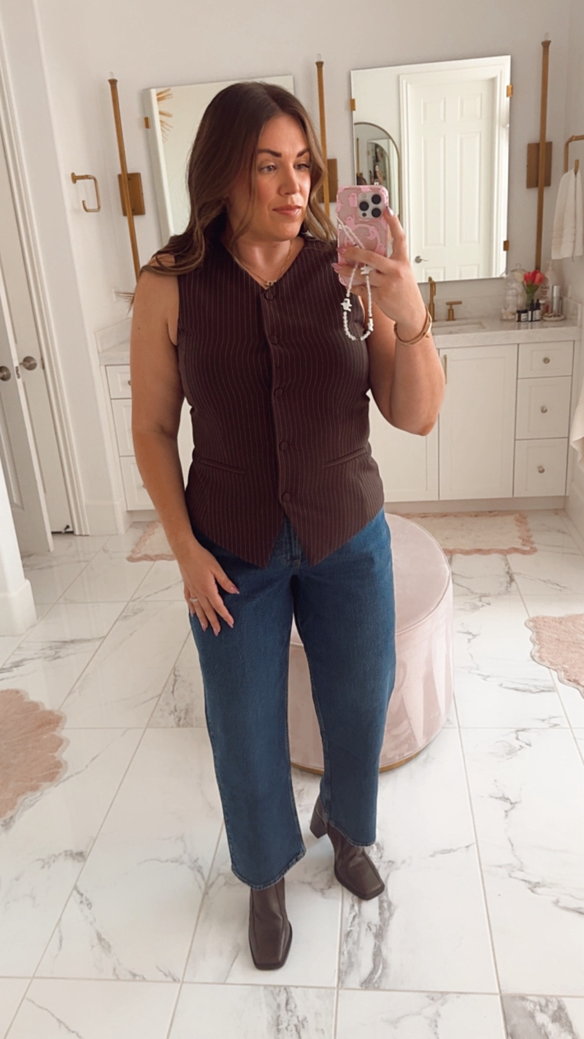 curvy fall chocolate brown outfit! wearing size large in brown pinstriped vest and size 31 in dark wash denim 

#LTKMidsize #LTKFindsUnder100 #LTKSeasonal