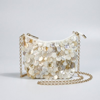 Alilang Women's Paillette Crossbody Bag with Chain Strap Top Zip Closure Textured Disc Details - Off White | Target