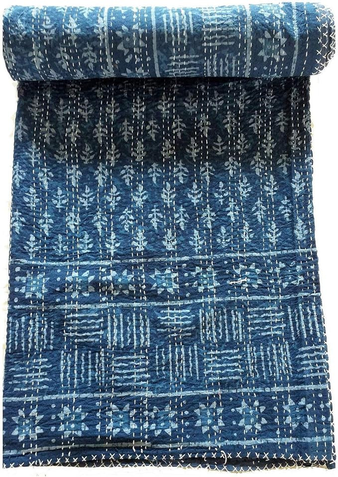 crafts creation Blue Indigo Queen Size Kantha Quilt Vintage Handmade Indigo Print Kantha Bedsprea... | Amazon (US)