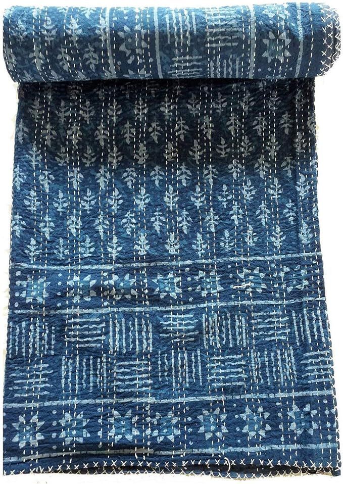 crafts creation Blue Indigo Queen Size Kantha Quilt Vintage Handmade Indigo Print Kantha Bedsprea... | Amazon (US)