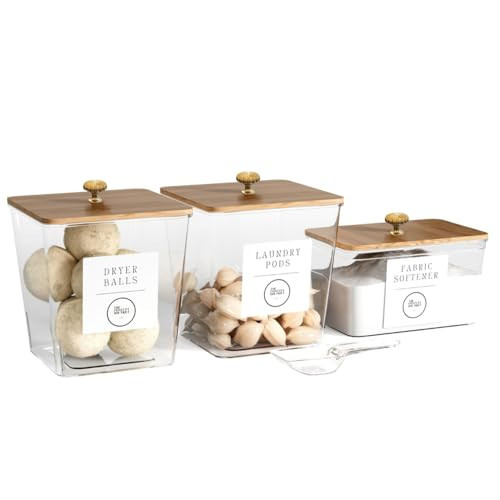 3 Pack Acrylic Laundry Room Organization Containers with Gold & Wood Knobs – Laundry Pods Container & Detergent Organizer Set | Clear Laundry Jars | Scoops & Customizable Labels | Storage Canisters | Amazon (US)