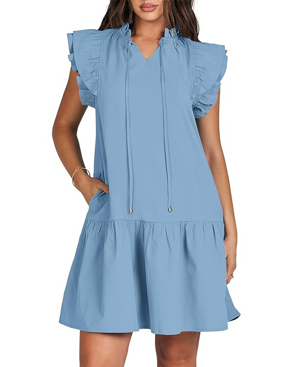 ANRABESS Womens Summer V-Neck Drawstring Ruffle Cap Short Sleeve Casual Shift Mini Dress with Poc... | Amazon (US)