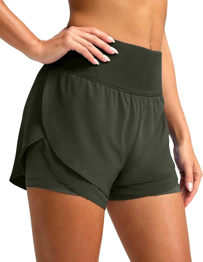SANTINY Women's 2 in 1 Running Shorts with Pockets 3" High Waisted Exercise Workout Athletic Shor... | Amazon (US)