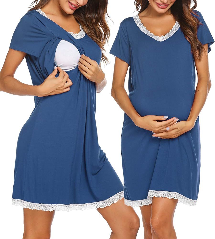 Ekouaer Nursing Sleepshirt Women Button-Front Nightshirt Short Sleeve Nightgown Breastfeeding Sleepw | Amazon (US)