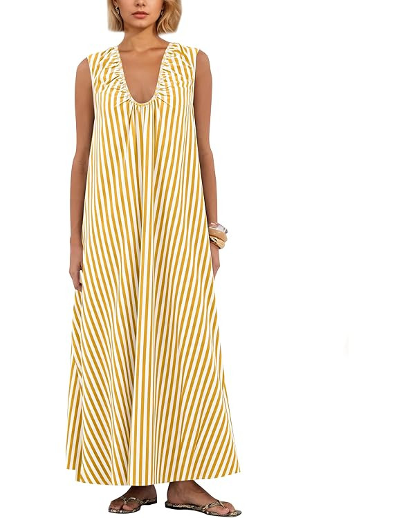 Women Flowy Maxi Dress Ruched Sleeveless Long Dress Vacation Fashion Summer Casual Loose Fit Sund... | Amazon (US)