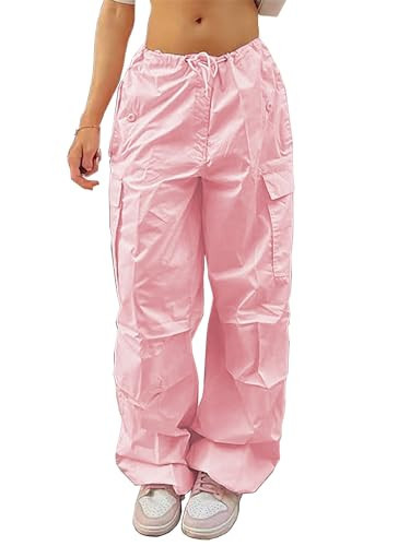 DUKBUBI Parachute Pants for Women Drawstring Cargo Pants Low-Rise Baggy Joggers with Pockets Casual Hiking Pants Hip Hop D Pink | Amazon (US)