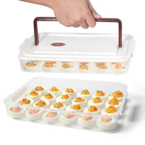 PIUGERU Deviled Egg Containers with Lid, (Set of 2), Plastic Deviled Egg Tray Carrier with Handle for 48 Eggs, Clear Storage Egg Platter for Devil Egg, Fridge Stackable Portable Egg Holder | Amazon (US)