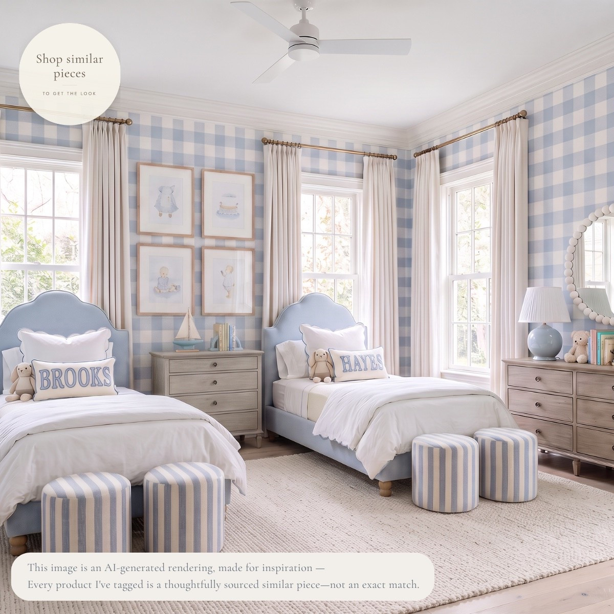 Classic patterns have a way of making a kids' room feel timeless. Soft blue checks, tailored upholstery, and warm wood create a space that's playful enough for childhood while still feeling beautifully collected. I've thoughtfully sourced similar pieces to help you bring this classic look into your own home. 🤍

AI-generated design concept for inspiration • Tagged products are thoughtfully sourced similar pieces, not exact matches • Affiliate links may be used. As an Amazon Associate, I earn from qualifying purchases.

#LTKKids #LTKHome

#LTKHome #LTKKids