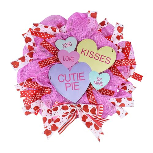 Valentine's Day Wreath, Valentines Wreaths for Front Door Conversation Candy Heart Decor with Be Mine Love Wooden Sign Fishnet Yarn Ribbon Bow, Valentines Day Door Decor for Home Outdoor Outside | Amazon (US)