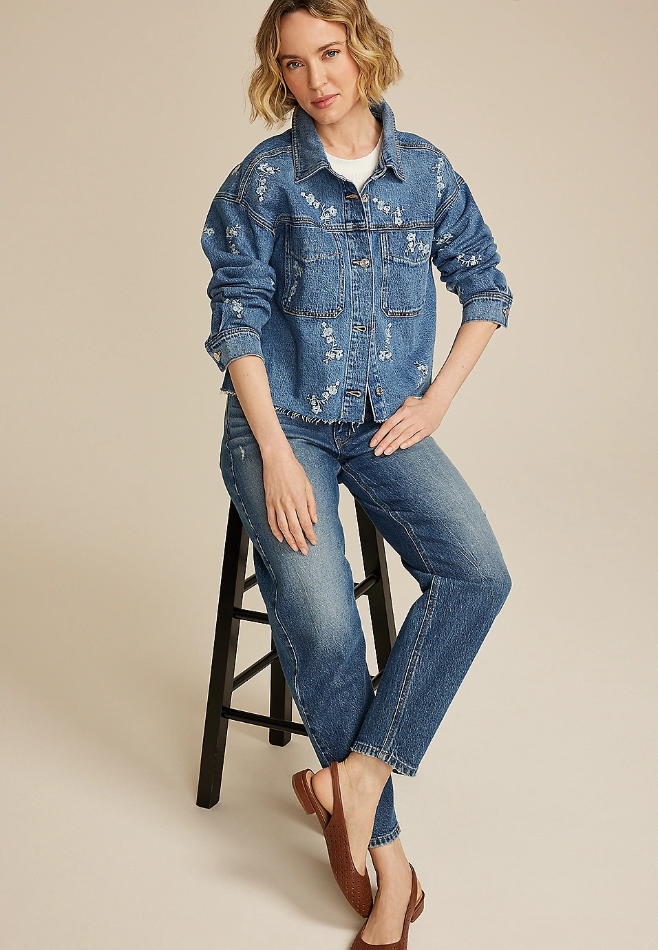 Embroidered Floral Cropped Denim Jacket | Maurices