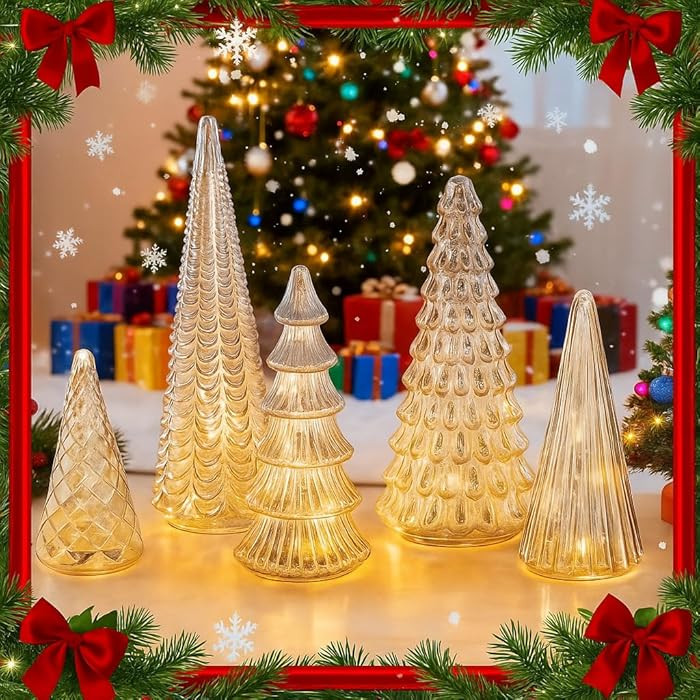 Set of 5 Mercury Glass Christmas Trees with LED Lights – Illuminated Crackled Glass Tabletop D... | Amazon (US)