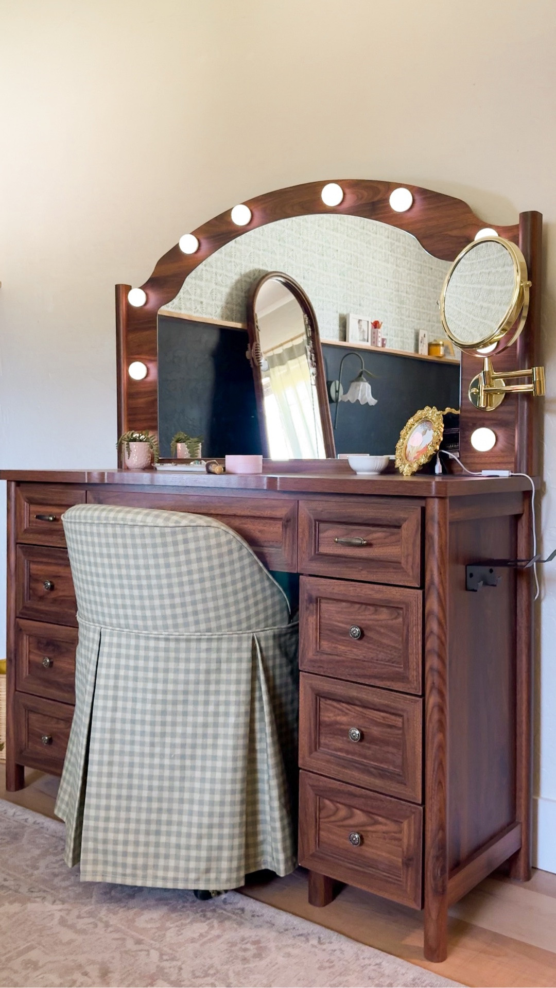 Love this wood vanity desk! It's perfect for doing my makeup with the added mirror and lights. 🌟 Lots of storage with so many drawers, too!

#LTKHome #LTKootd #LTKKids
