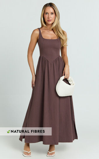 Rhaziya Midi Dress - Sleeveless Straight Neck Fit and Flare Dress in Chocolate | Showpo (US, UK & Europe)