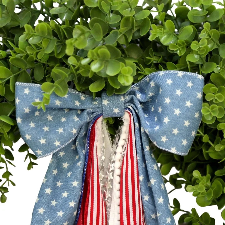 DAMAI Boxwood Wreath with Red White Blue Patriotic Bow, Artificial Green Eucalyptus & Star Stripe... | Walmart (US)