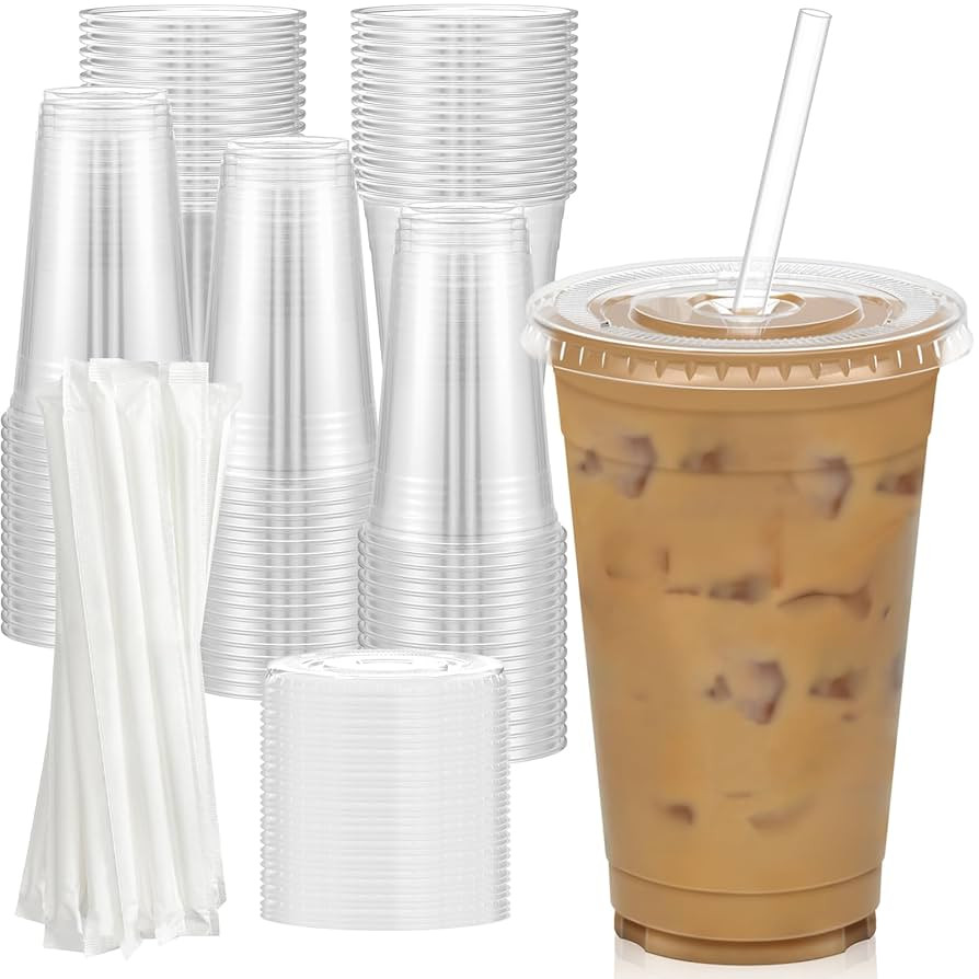 100 Pack - 20 oz Clear Plastic Cups with Lids and Straws, Sturdy & Food Safe Iced Coffee Cups wit... | Amazon (US)