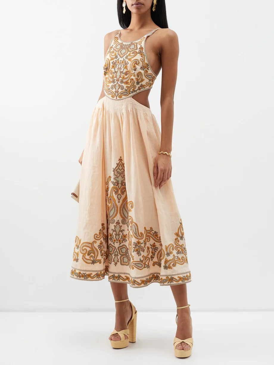Devi cutout floral-jacquard linen midi dress | Matches (US)