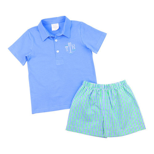 Green And Blue Plaid Polo Short Set | Cecil and Lou
