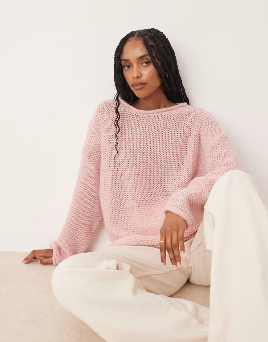 ASOS DESIGN knitted relaxed slash neck jumper with rolled edge detail in light pink | ASOS (Global)