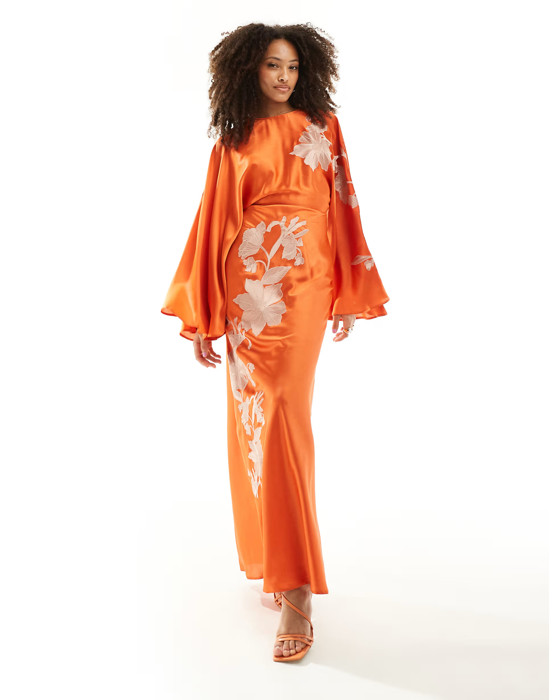 ASOS DESIGN exaggerated sleeve embroidered satin bias maxi dress in orange | ASOS (Global)