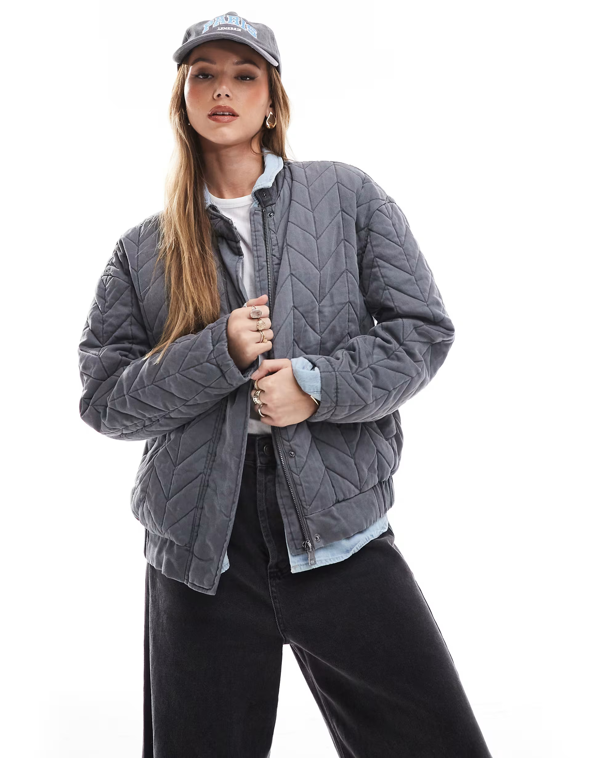 ONLY quilted bomber jacket in washed grey | ASOS (Global)