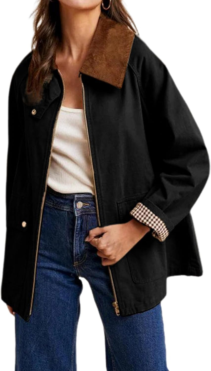 Women's Barn Jackets Fall Color Block Corduroy Collar Utility Coat Outerwear with Pockets | Amazon (US)